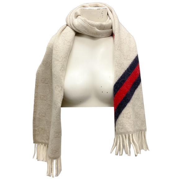 Gucci Sand / Blue / Red GG Monogram Web Fringed Wool Angora Nikky Scarf - Picture 3 of 5